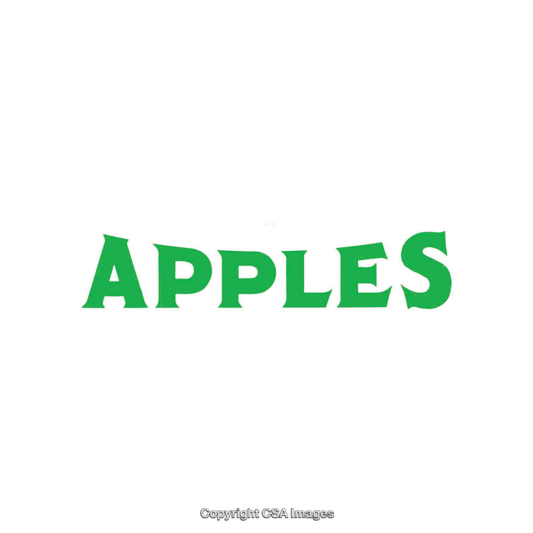 Green Text Depicting the Word ‘Apples’ on a White Background