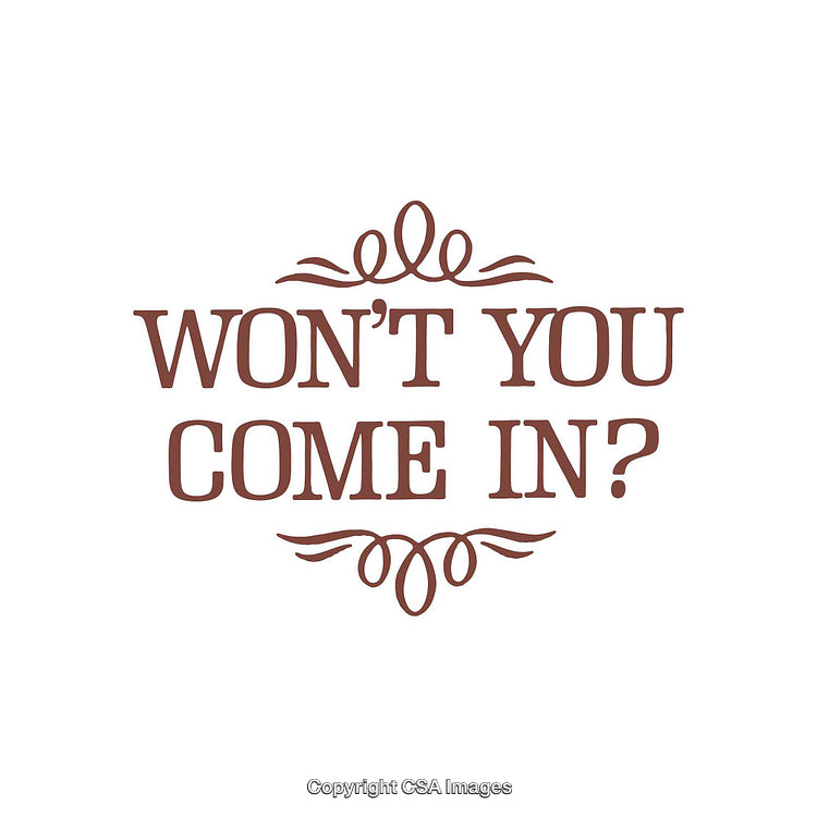 Decorative Typography Reading "Won't You Come In?" on a White Background