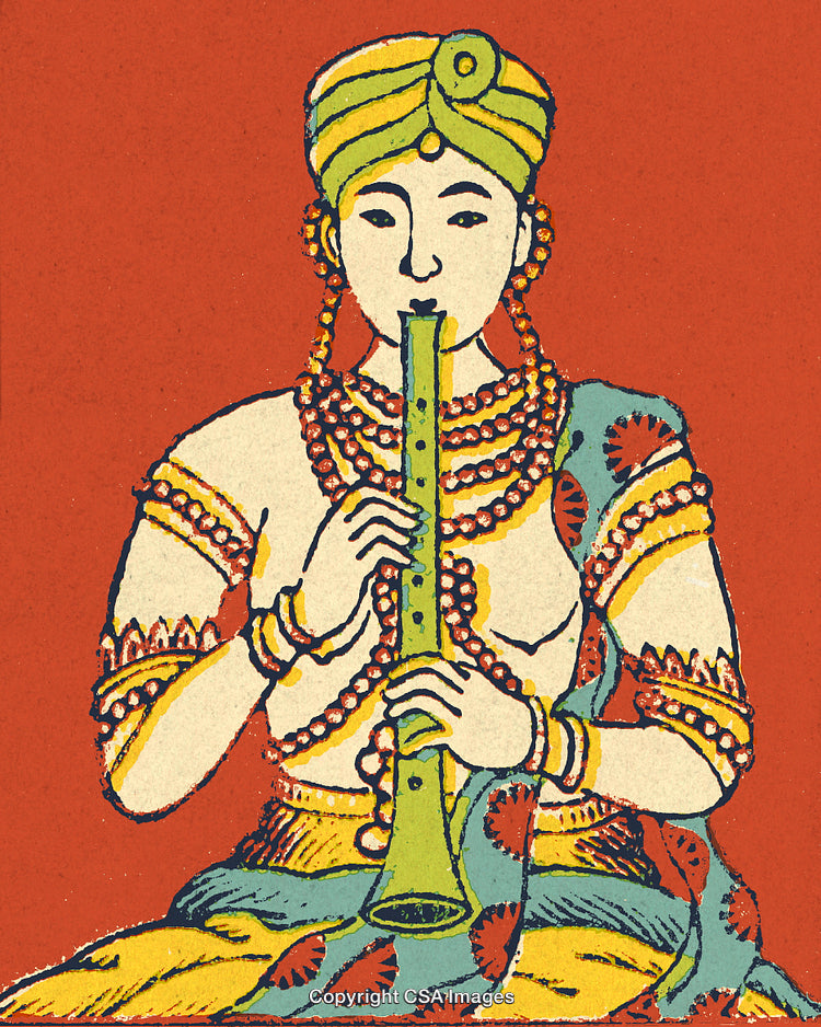 Traditional Indian Art of a Musician Playing a Flute in Ethnic Attire