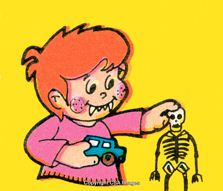 Playful Cartoon Character Interacting with Toy Skeleton and Vehicle in Bright Scene