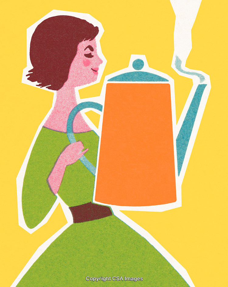 Vintage Poster Design Featuring Woman Pouring Coffee in Colorful Style