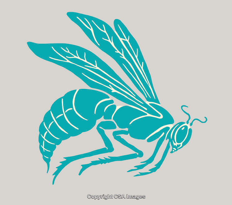 Teal Outline Illustration of a Flying Wasp on a Light Background