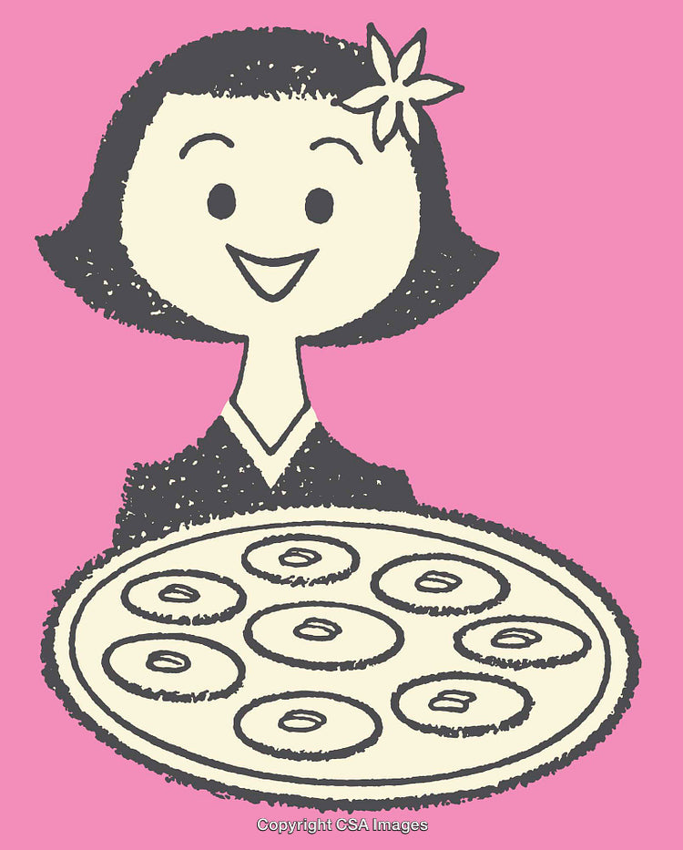 Illustration of Smiling Woman Presenting a Tray of Freshly Baked Bagels