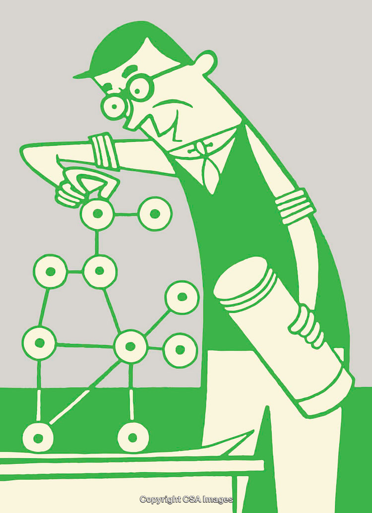 Scientist Studying Molecular Structure Representation with Enthusiastic Focus in Line Illustration