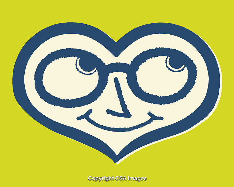 Playful Heart-Shaped Face Illustration Featuring Glasses on a Vibrant Background