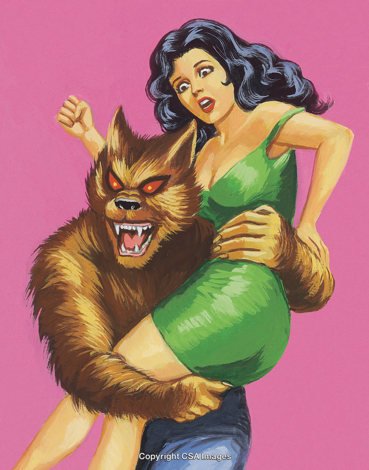 Dramatic Vintage Illustration of a Woman and Fierce Wolf-Like Creature