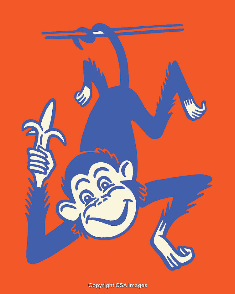 Playful Monkey Hanging with a Banana on Bright Orange Background