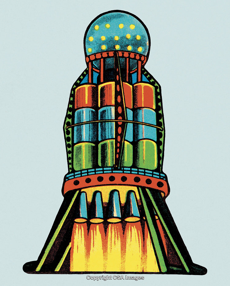 Colorful Retro Futuristic Rocket Design with Thrusters Firing