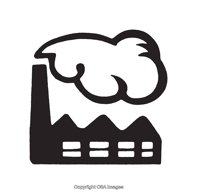 Black and White Industrial Factory with Smokestack and Clouds Illustration