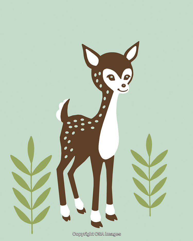 Illustration of a Cute Young Deer Surrounded by Green Leaves on Minimal Background