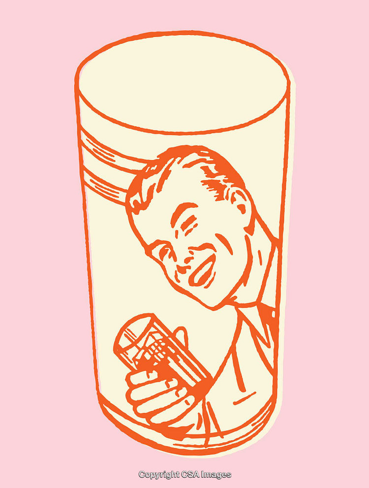 Vintage Style Illustration of a Smiling Man Holding a Glass in Line Art