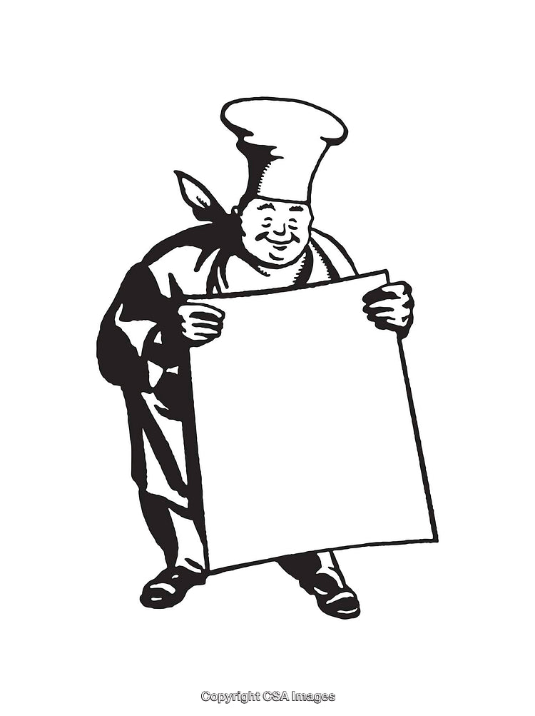 Black and White Illustration of a Chef Holding a Blank Sign