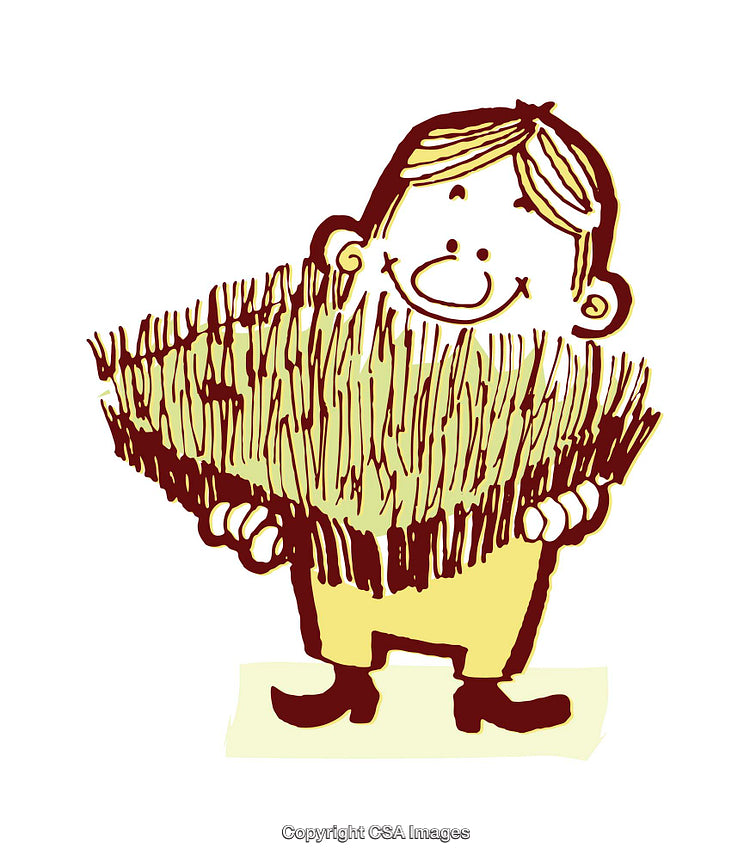 Cheerful Cartoon Character Holding a Bundle of Grass in Whimsical Style