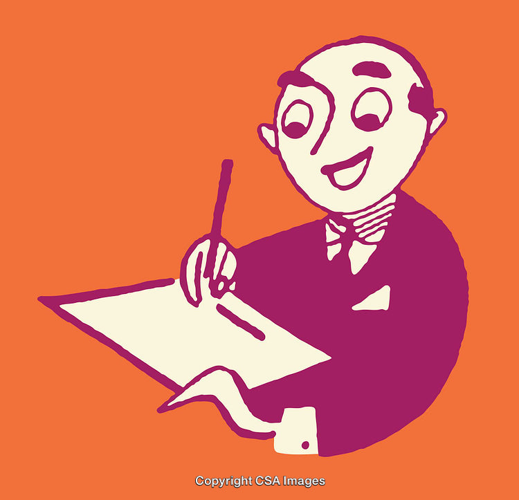 Colorful Cartoon Illustration of a Smiling Person Writing on Paper