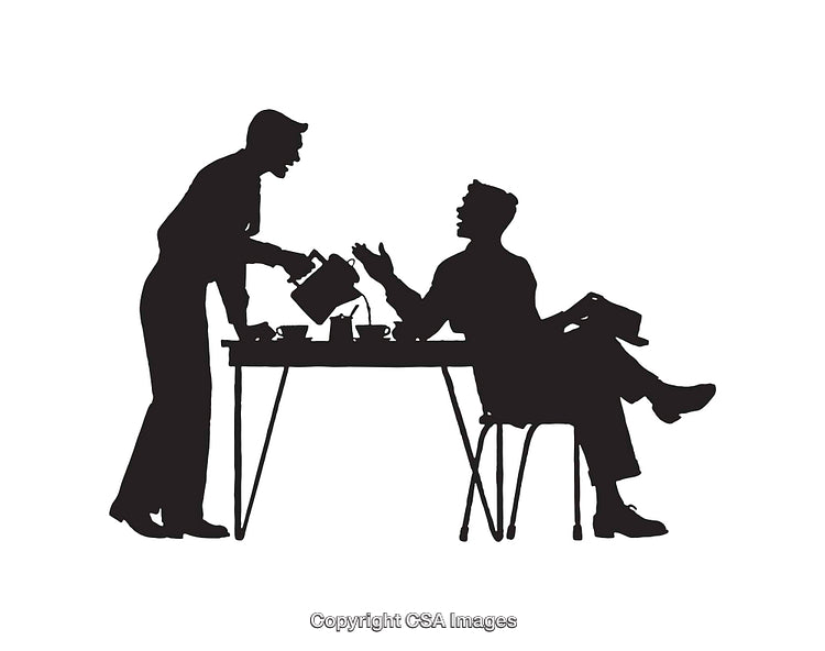 Silhouette of Two Individuals Interacting at a Table Setting