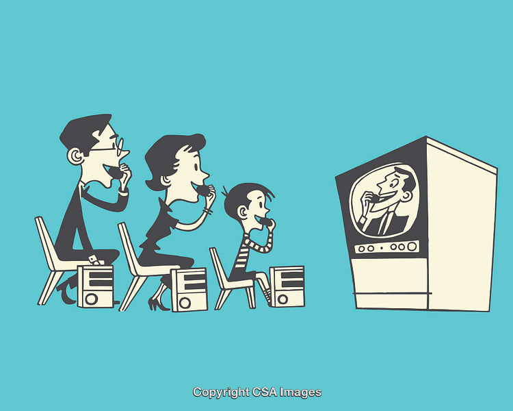 Retro Family Watching Television Together in Cartoon Style Illustration