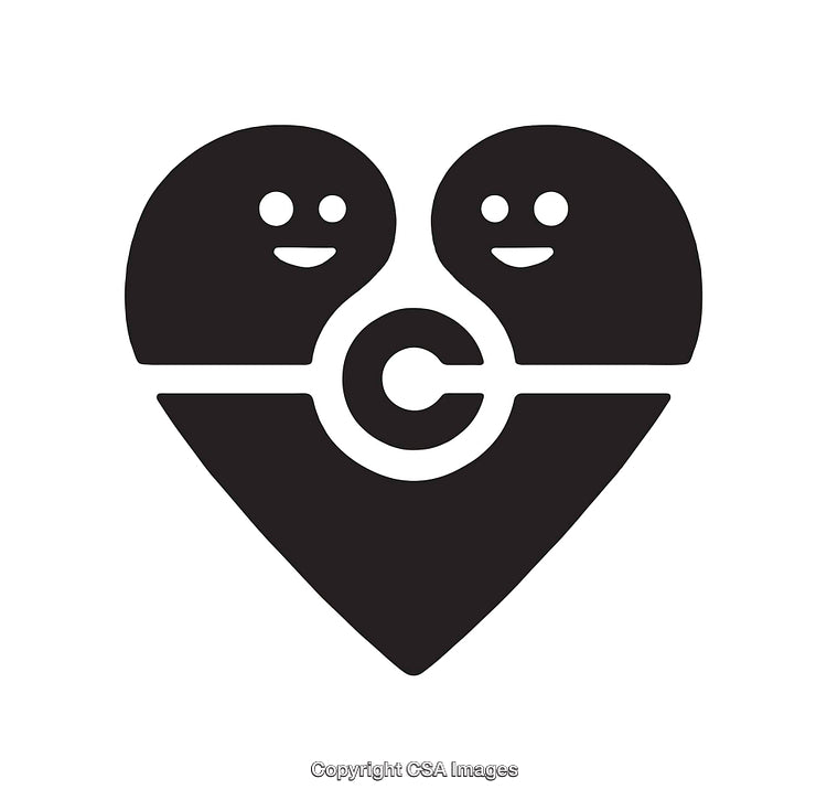 Black and White Icon of Heart with Smiling Faces and Symbol