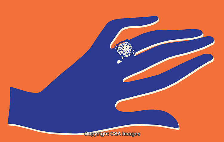 Abstract Illustration of a Hand Wearing a Diamond Ring on Orange Background