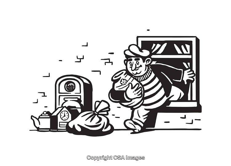 Black and White Line Art Illustration of a Cartoon Thief Taking Items