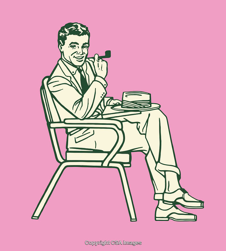 Retro Styled Gentleman Sitting With Pipe and Hat on Pink Background
