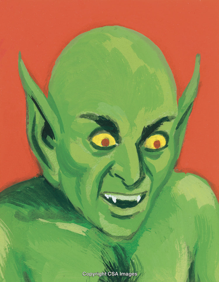 Green Monster Character With Pointed Ears and Intense Expression on Red Background