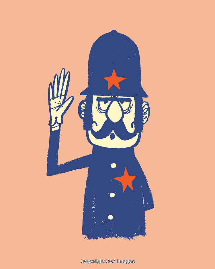 Cartoon Policeman Illustration in Blue Uniform with a Red Star Emblem