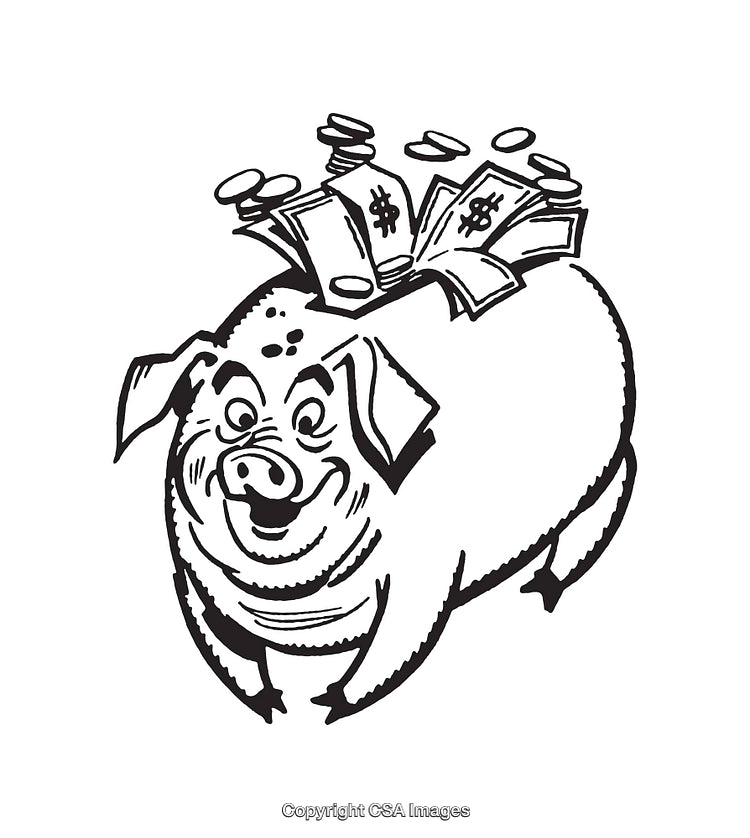 Black And White Line Art of a Piggy Bank With Coins and Bills