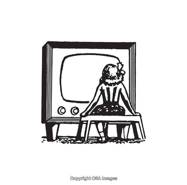 Retro Artwork of Girl Watching Television in Black and White Line Art