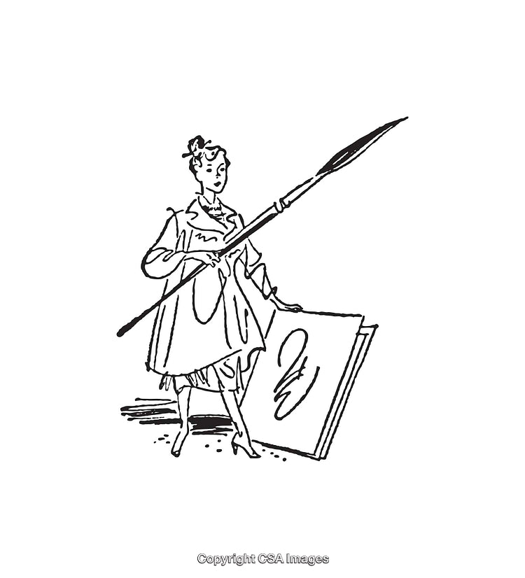 Illustration of a Woman with Oversized Pen and Drawing Pad in Line Art