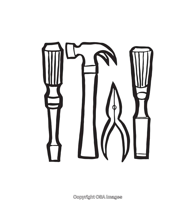Black and White Line Art of Common Hand Tools
