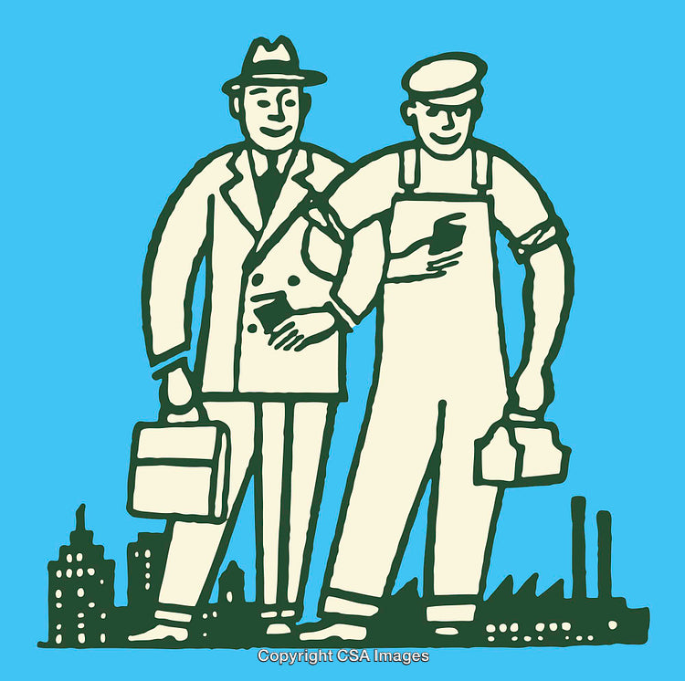 Collaboration Between Worker and Businessman in Colorful Line Art