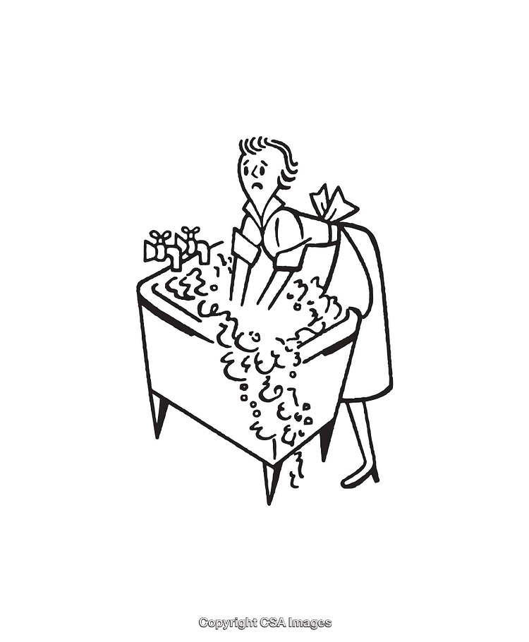 Humorous Black and White Illustration of a Person Struggling with Laundry
