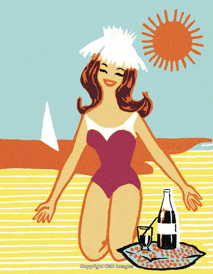 Vintage Illustration of a Woman Relaxing on a Beach Under the Sun