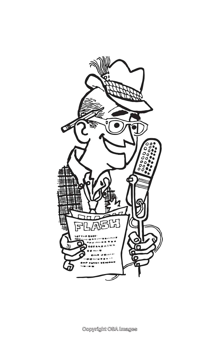 Retro Black and White Line Art of a Cartoon Announcer