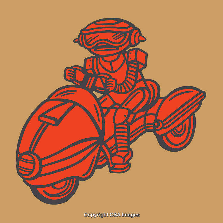 Colorful Illustration of a Futuristic Motorcyclist Riding a Stylish Vehicle