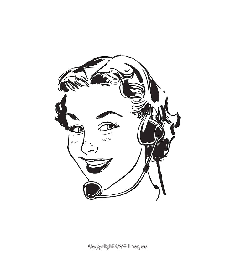 Retro Line Art of a Woman Wearing a Headset in Black and White