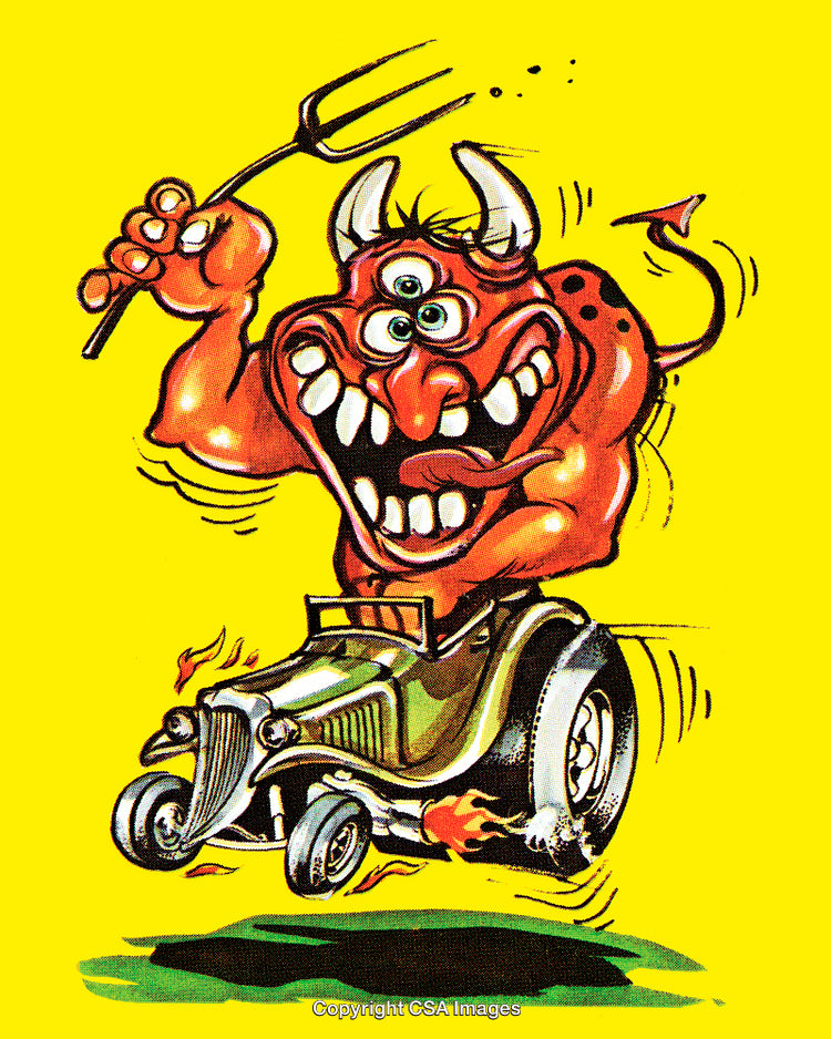 Cartoon Devil Driving Hot Rod Car With Vibrant Yellow Background