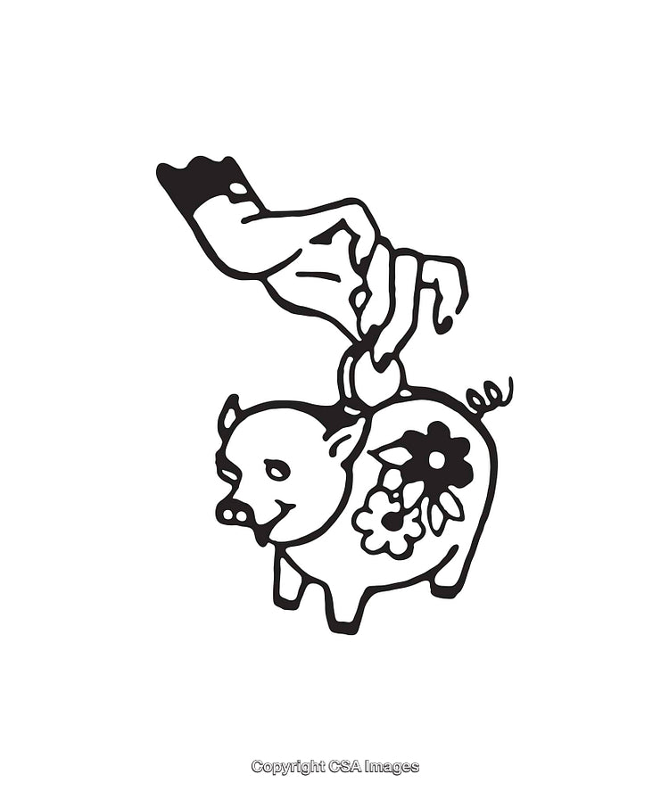 Black and White Line Art of a Hand and Piggy Bank Illustration