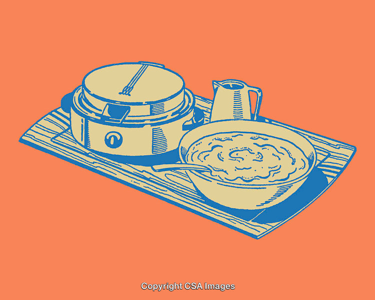 Color Line Art Illustration of a Kitchen Appliance and Breakfast Meal