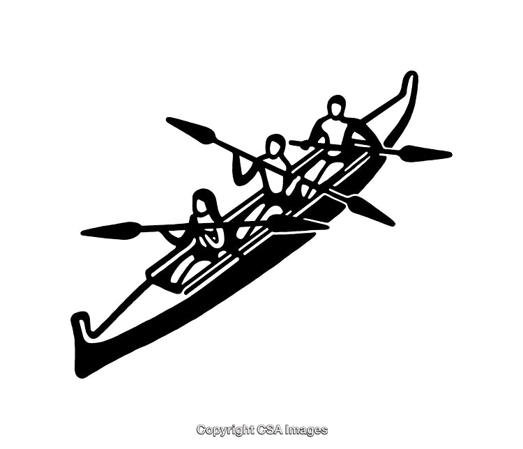 Black and White Line Art of Canoe Team Rowing Together in Harmony