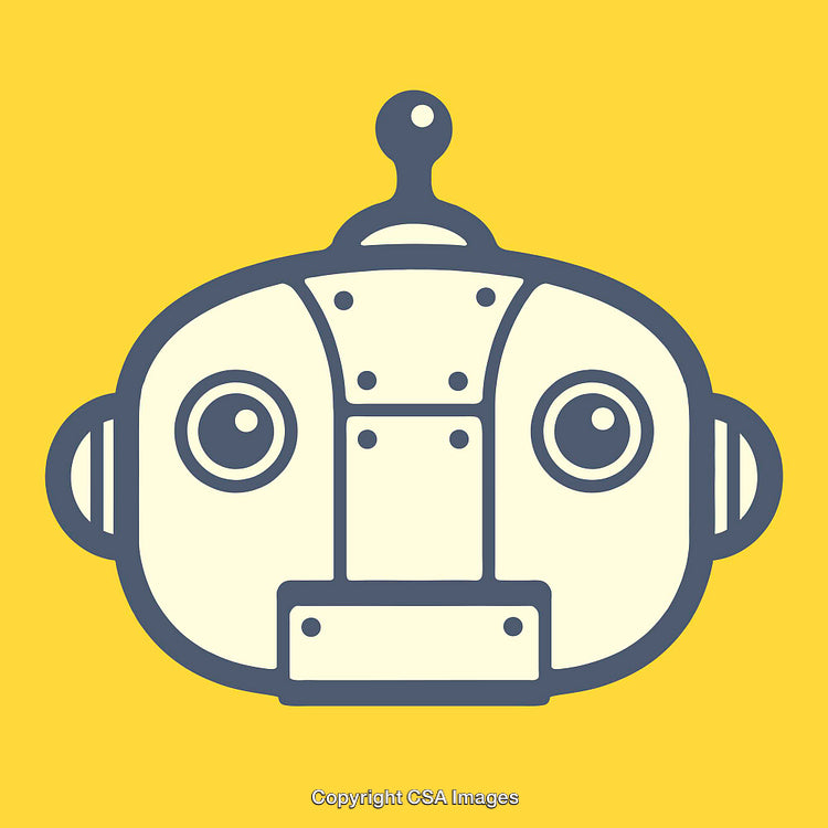 Colorful Line Art Illustration of a Robot Face on Yellow Background