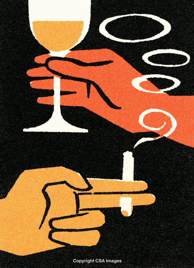 Illustration of Hands Holding A Cigarette and Drink in Retro Style