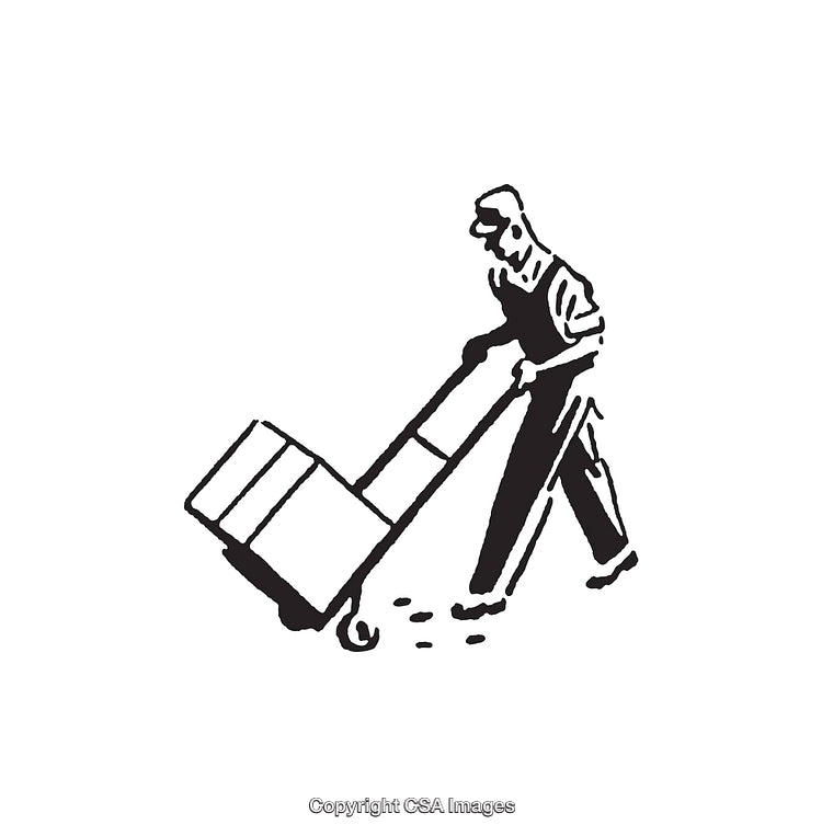 Black and White Line Art of Worker with Hand Truck and Boxes