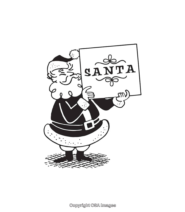 Vintage Black and White Line Art of Santa Holding a Sign
