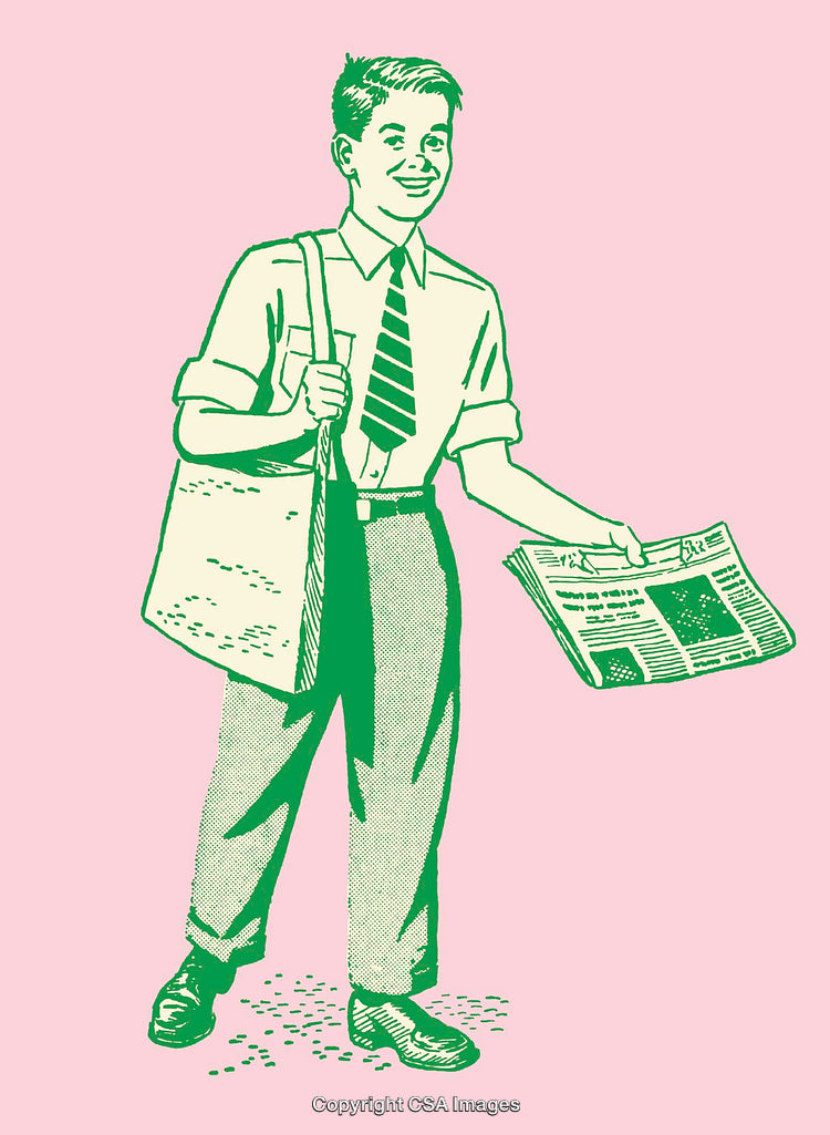 Retro Illustration of Newsboy Holding Newspaper and Bag