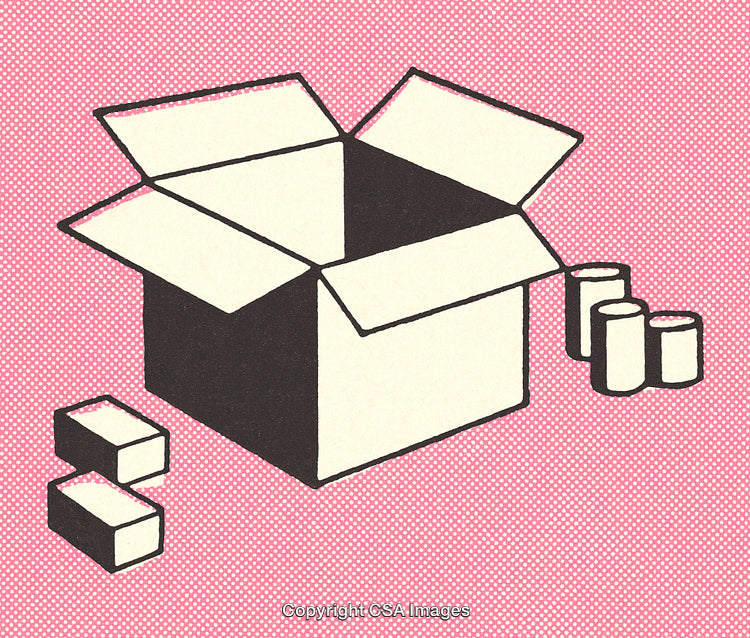 Open Cardboard Box with Assorted Items on Pink Background