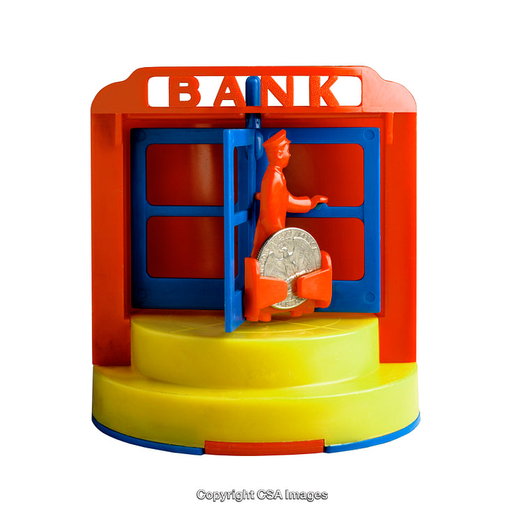 Colorful Vintage Toy Bank Display with Coin Mechanism