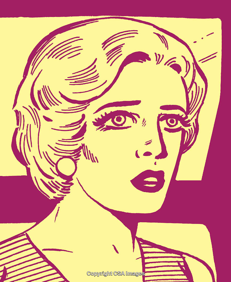 Retro Pop Art Illustration of a Surprised Woman in Yellow and Purple