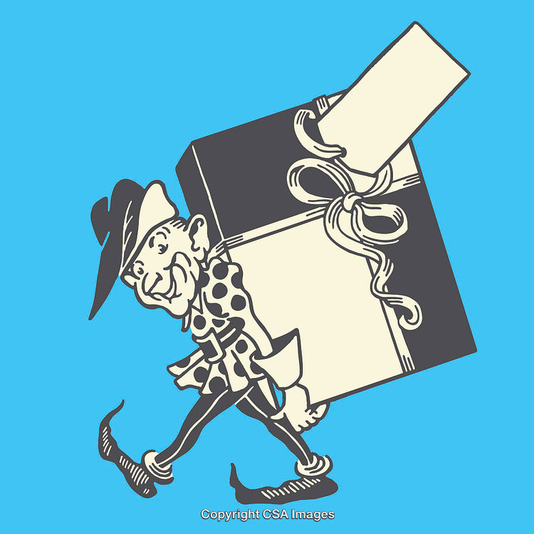 Vintage Style Illustration of a Character Carrying a Large Gift Box