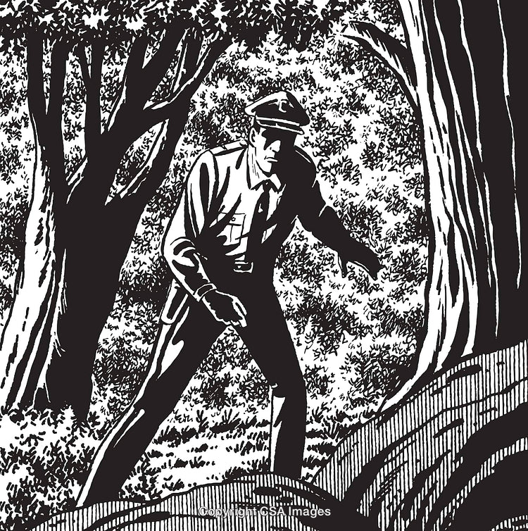 Monochromatic Illustration of Policeman in Forest Investigation Scene